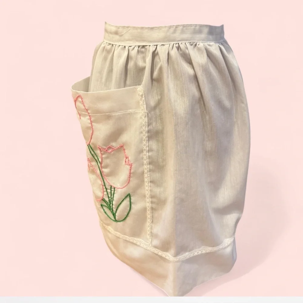 White Apron with Pink and Green Tulip zHandmade Embroidery Easter Spring